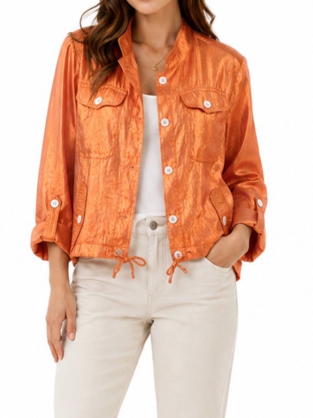 Linear Shiny Orange Utility Jacket with Drawstring Waist and Cuffed Sleeves
